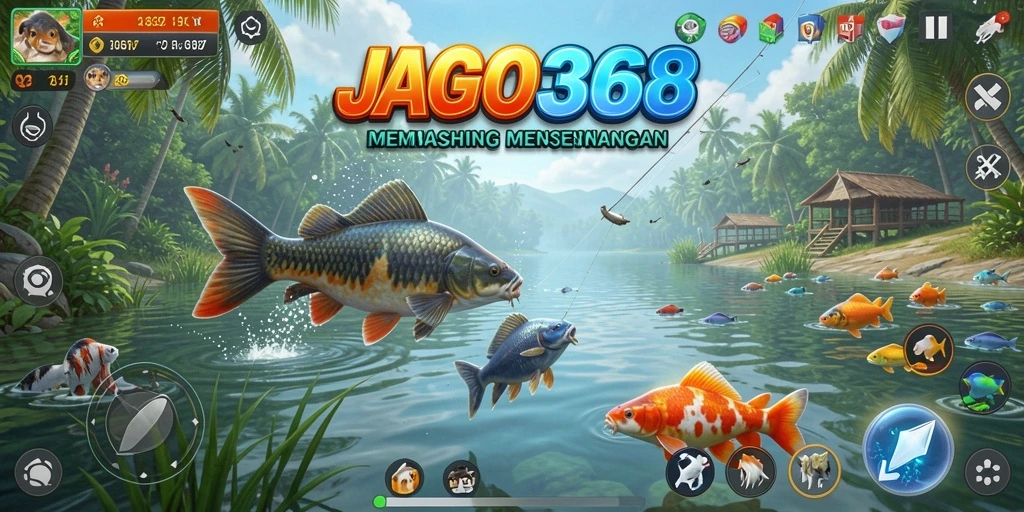 Screenshot gameplay JAGO368 menampilkan pemain memancing di danau yang indah.