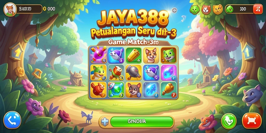 Screenshot utama JAYA388 menampilkan gameplay seru Match-3 dengan grafis cerah.