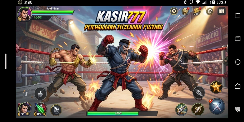 Tangkapan layar gameplay KASIR777 yang menunjukkan pertarungan seru dan karakter unik.