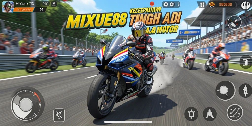 Tampilan gameplay seru dan mendebarkan dari MIXUE88 di lintasan balap motor.