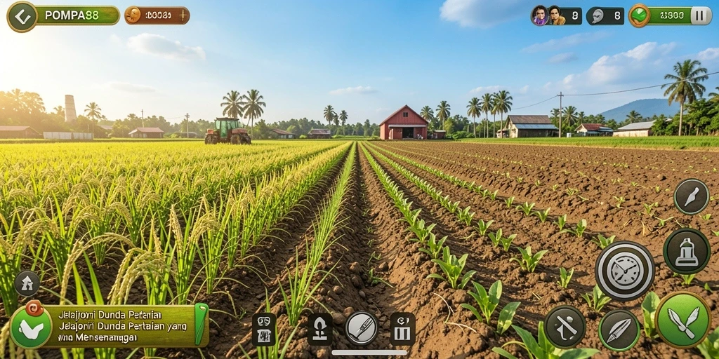 Screenshot gameplay <strong>POMPA88</strong> menunjukkan ladang yang subur dan interaksi dengan hewan.