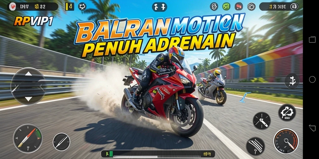 Tangkapan layar gameplay RPVIP1 menunjukkan aksi balapan motor yang seru.