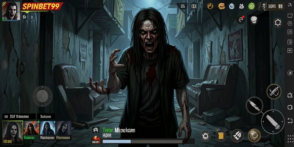 Tampilan gameplay SPINBET99 yang menegangkan dipenuhi dengan elemen horor.