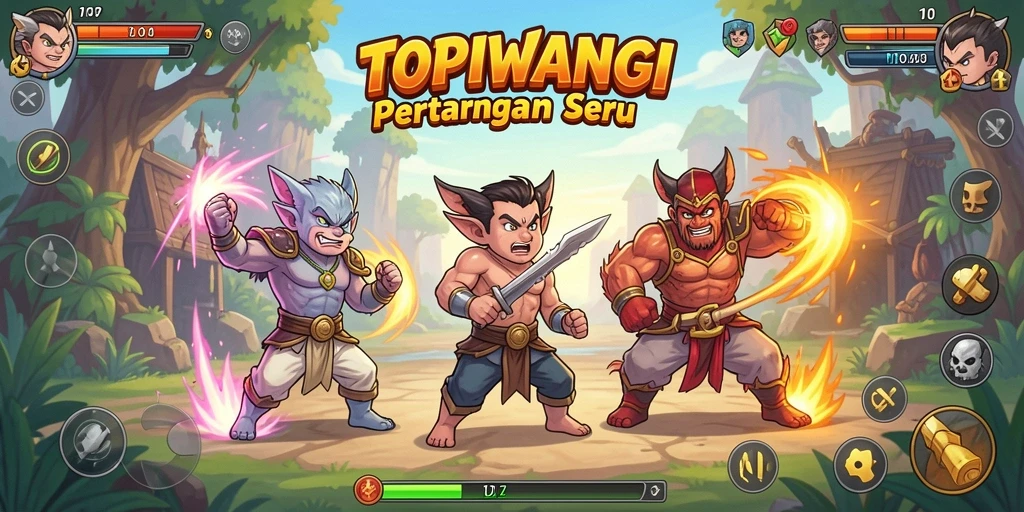 Tampilan gameplay TOPIWANGI dengan pertarungan karakter yang dinamis.